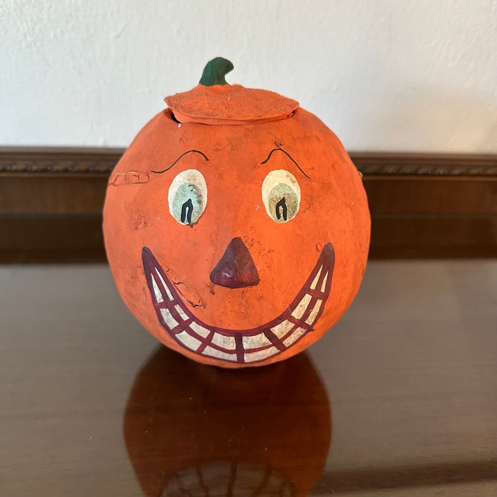 Vintage Papier Mache Halloween Jack O Lantern Pumpkin Candy Bucket Reproduction